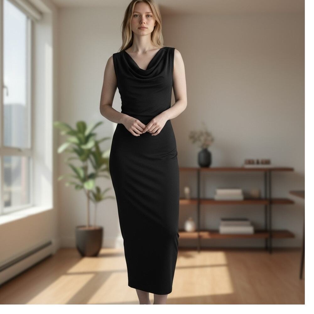 HALSTON NWT Black Cowl Neck Sleeveless Dress Sz LG Bodycon Wedding Formal Prom